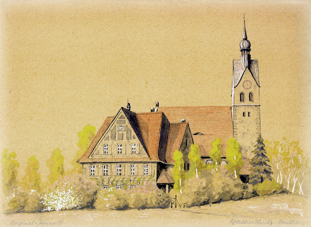 Pfarrhaus und Friedenskirche auf einem Aquarell aus den 1920er Jahren.